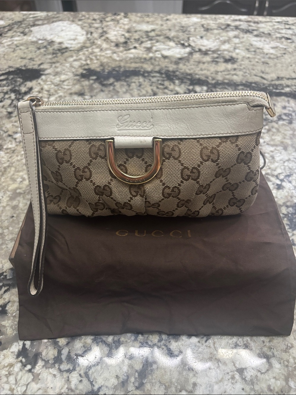 Gucci Beige GG Canvas Wristlet with White Leather Trim and Gold Hardware